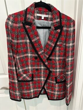 Veronica Beard Red Plaid Double-Breasted Tweed Blazer with Black Trim
